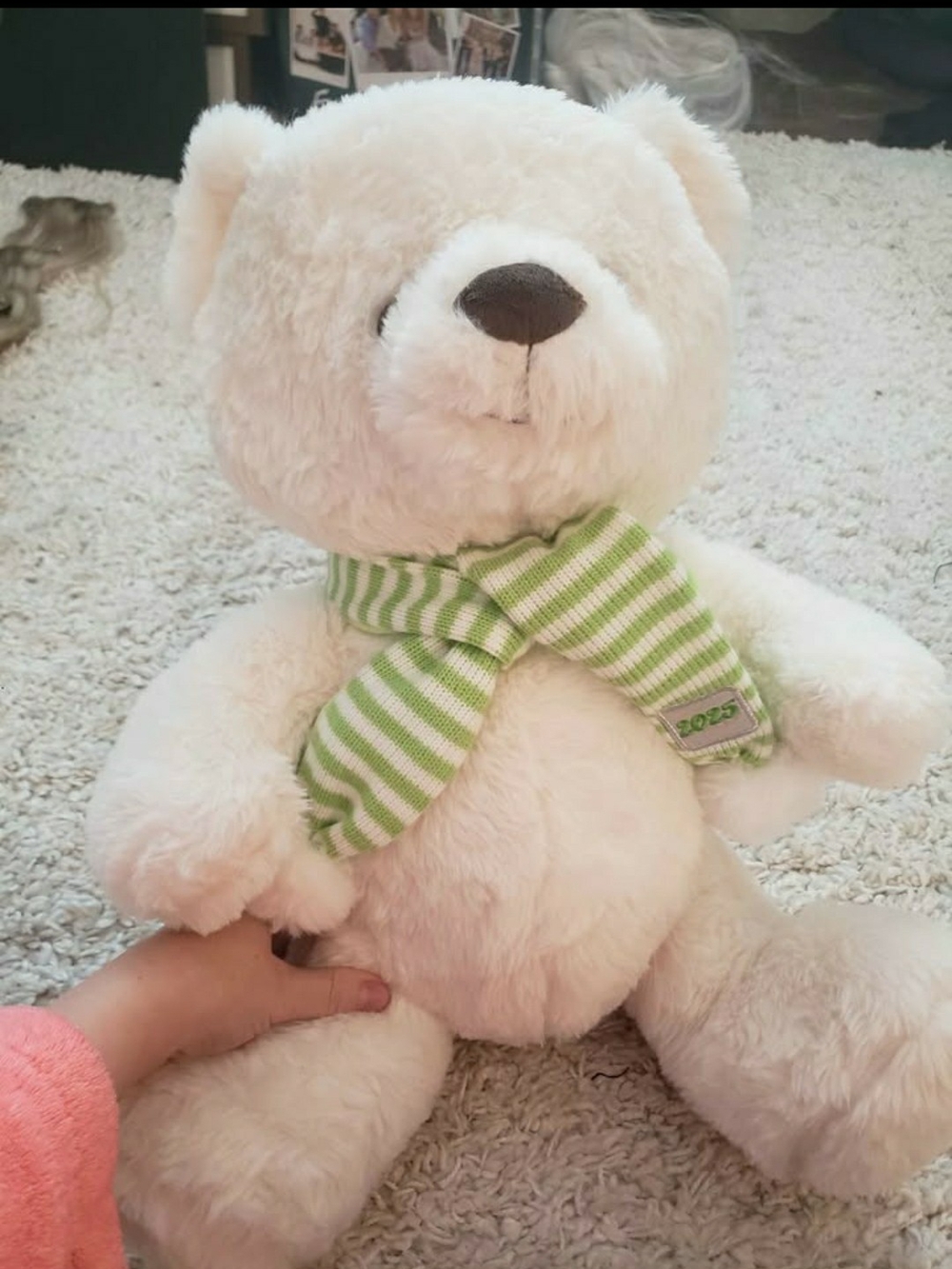 Plush Cream Teddy Bear with Green Striped Scarf - Soft Kids Stuffed Animal